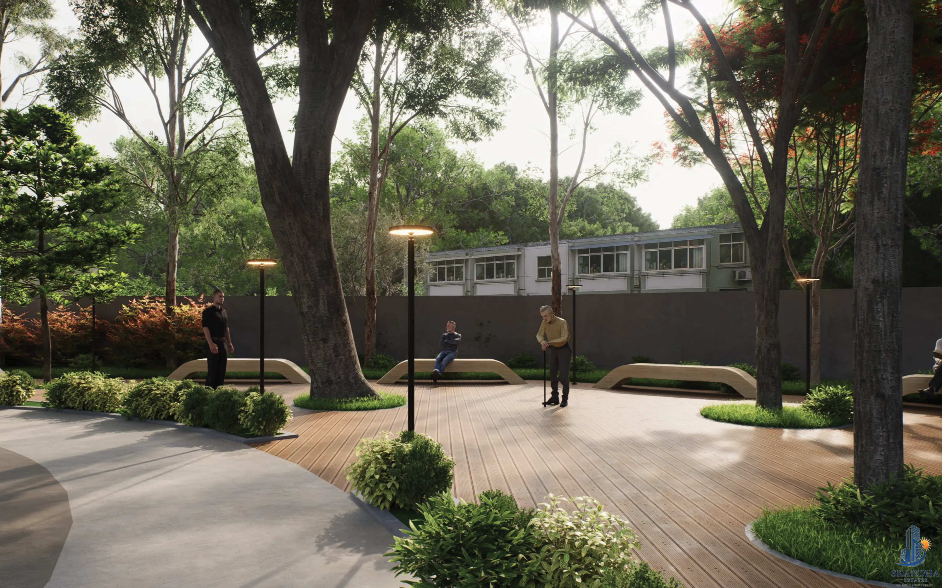 Skandha Acropolis relaxation area with landscaped walkways
